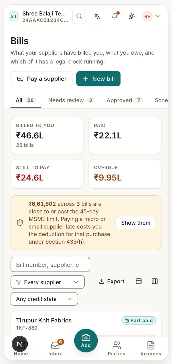 Kitna mobile bills: what suppliers billed you, paid, still to pay, overdue